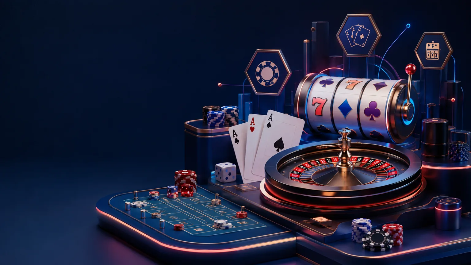 Mesin slot generik dan meja roulette dalam suasana kasino